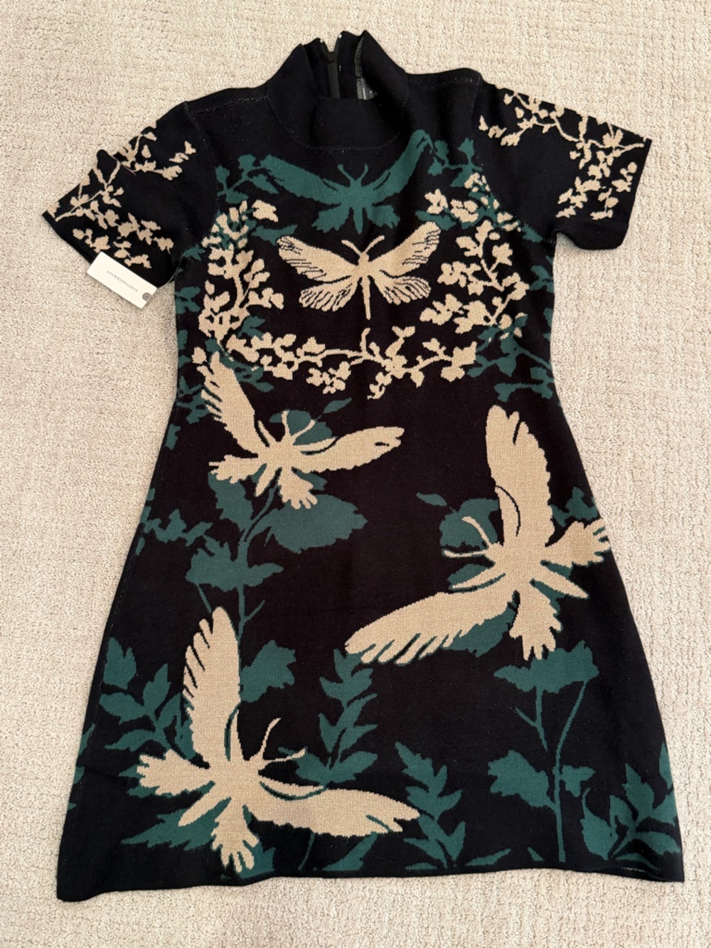 Anthropologie Black Knit Floral & Bird Short-Sleeve Dress